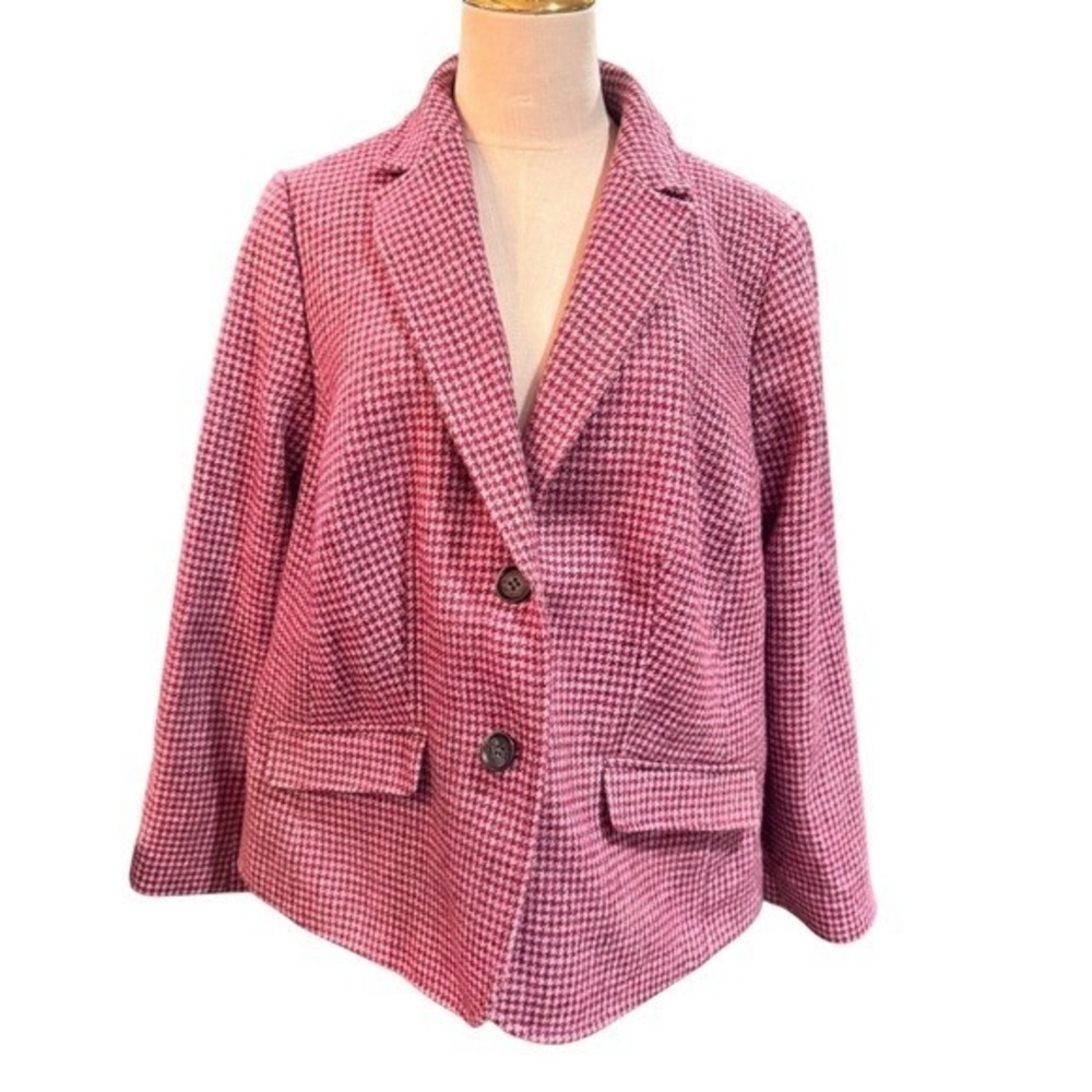 Talbots Plus Petite 16WP Houndstooth Blazer Pink Wool Blend Blazer Jacket